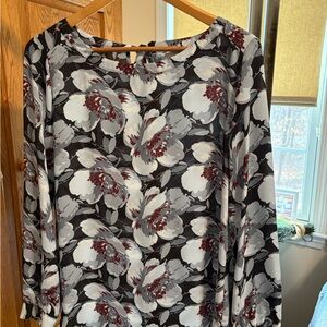 LOFT Black Floral Long-Sleeve Blouse with Burgundy Accents